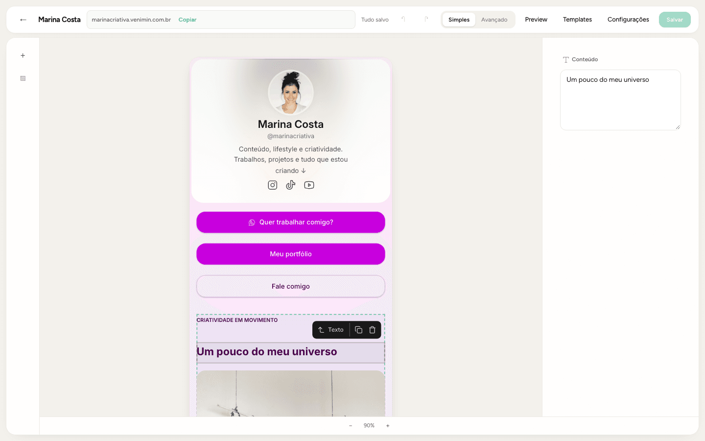 Captura do editor Venimin com controles de conteúdo e prévia de página personalizada